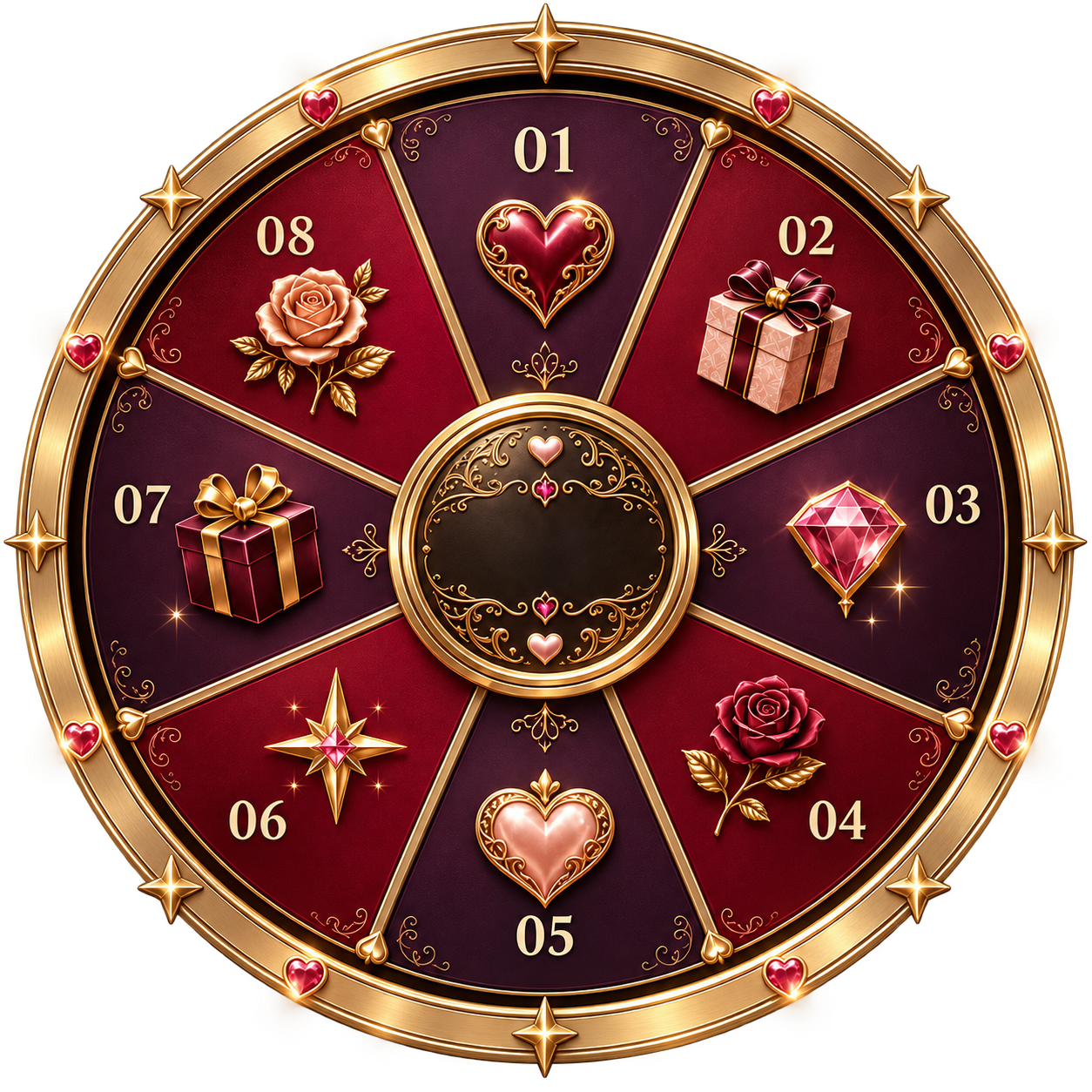 Ruleta de ocho segmentos numerados, en dorado y vino